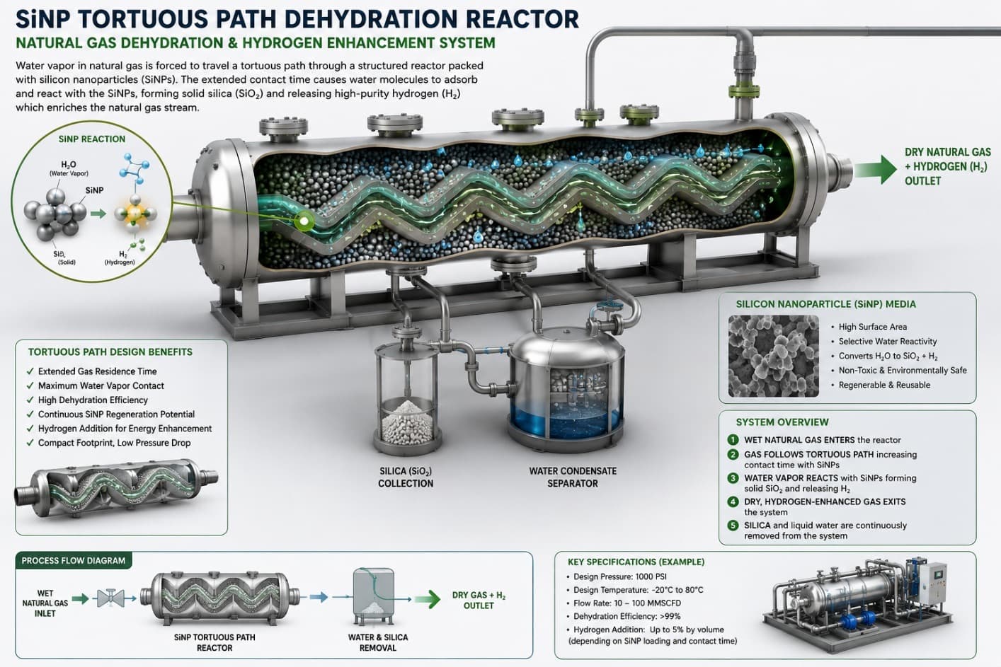 SiNP tortuous-path dehydration reactor: wet natural gas enters, follows a tortuous path through silicon-nanoparticle media where water vapour reacts to form silica and hydrogen, and dry hydrogen-enhanced gas exits — with silica collection and water-condensate separation.