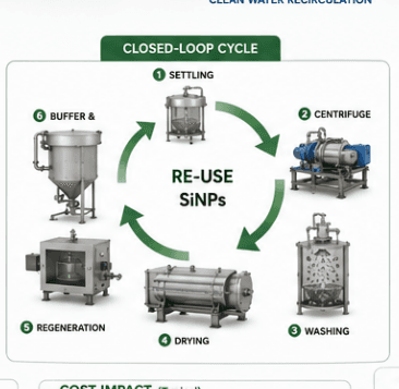 Closed-loop silicon-nanoparticle reuse cycle: settling, centrifuge, washing, drying, regeneration and buffer feed — returning regenerated nanoparticles to the reactor.